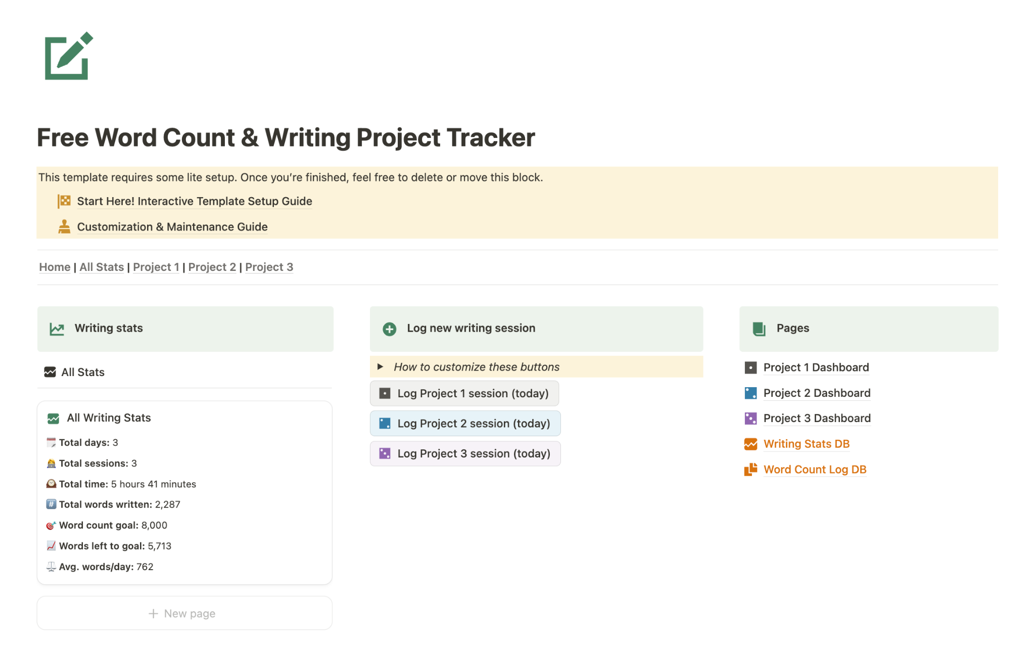 Screenshot of Mel Lee-Smith's free Notion writing template.