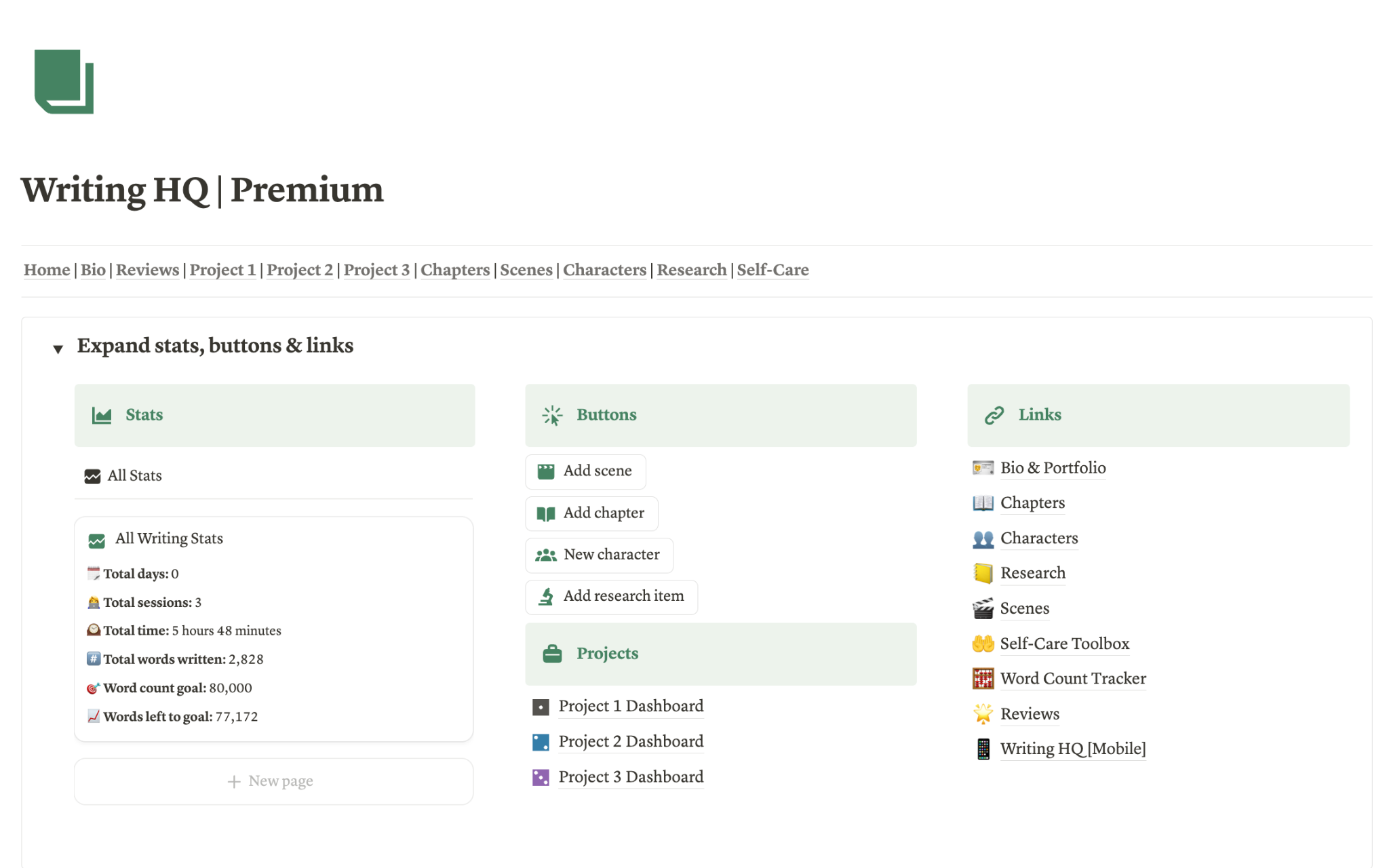 Screenshot of Mel Lee-Smith's premium Notion template for writers.